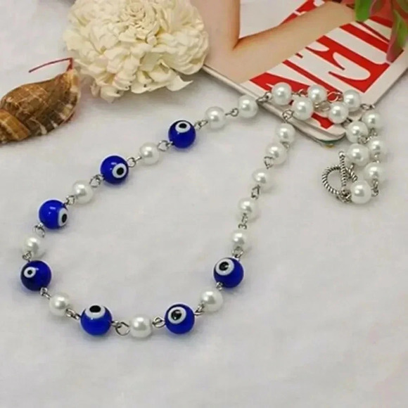 Hand Crafted Turkish Evil Eye Glass Blue and White Pearl Beads 18" Long Necklace - Picture 1 of 2
